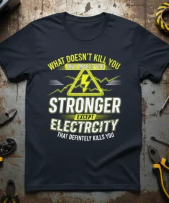 Electrician t-shirt with yellow text quote "What Doesn't Kill You Only Makes You Stronger Except Electricity That Defintely Kills You"