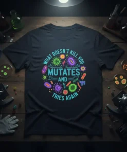 T-shirt featuring the quote "What Doesn't Kill You Mutates and Tries Again" surrounded by colorful cartoon microbes and scientific circuit