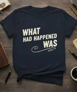 Navy blue t-shirt with white text reading "WHAT HAD HAPPENED WAS" in a retro font, with a decorative swirl below