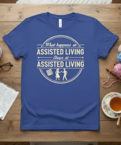 What happens at Assisted Living Stays at Assisted Living quote t-shirt with bingo game and couple dancing graphic