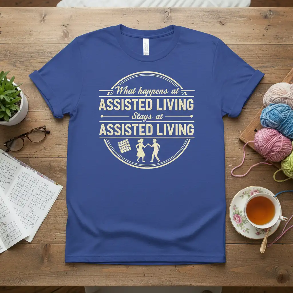 What happens at ASSISTED quote printed with detailed print on comfortable cotton fabric t-shirt design