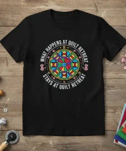 What Happens At Quilt Retreat Stays At Quilt Retreat quote on a black t-shirt with colorful stained-glass quilt design
