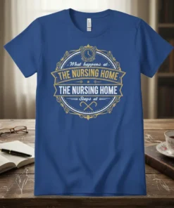 What happens at the nursing home stays at t-shirt design with vintage circular emblem and clock graphic