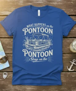 What Happens on the Pontoon PONTOON Stays on the quote on a blue t-shirt with a pontoon boat graphic