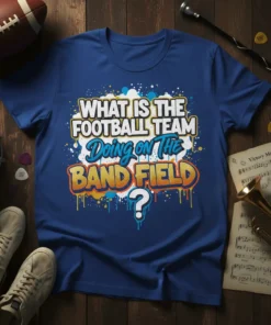 What Is The Football Team Doing On The Band Field? humorous quote t-shirt with graffiti-style lettering and question mark graphic