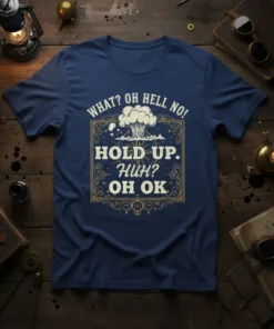 WHAT? OH HELL NO! HOLD UP. HUH? OH OK quote t-shirt with a stylized explosion graphic