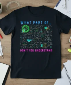 Black t-shirt with "WHAT PART OF... DON'T YOU UNDERSTAND" in neon colors, surrounded by complex math equations and diagrams