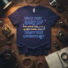 Navy t-shirt with "WHAT PART PART OF DON'T YOU UNDERSTAND?" in neon blue text and a circuit board graphic