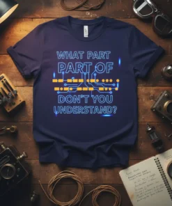 Navy t-shirt with "WHAT PART PART OF DON'T YOU UNDERSTAND?" in neon blue text and a circuit board graphic