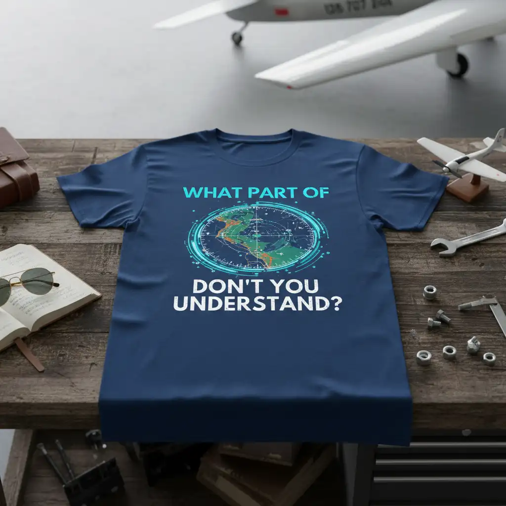 What Part of Don't You Understand? quote on a dark blue t-shirt with a flat earth graphic