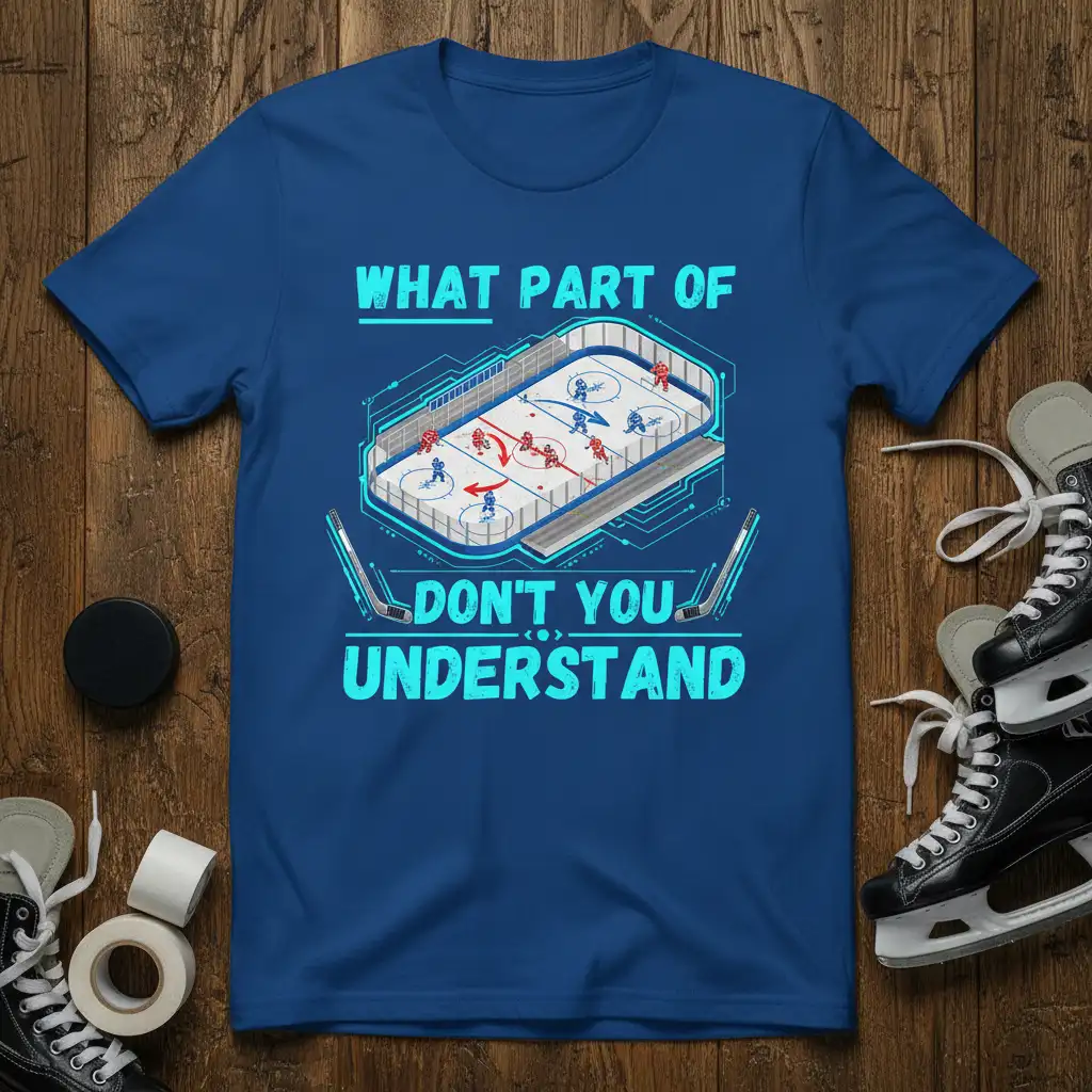 WHAT PART OF DON'T YOU UNDERSTAND hockey quote on a blue t-shirt with rink graphic