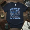 Navy blue t-shirt with "What Part Of Don't You Understand" and complex mathematical formulas in glowing blue neon text