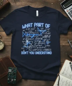Navy blue t-shirt with "What Part Of Don't You Understand" and complex mathematical formulas in glowing blue neon text