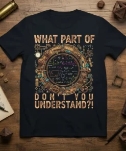 Steampunk t-shirt with "What Part of Don't You Understand?!" text and intricate scientific formulas and gears