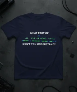 Navy t-shirt with "WHAT PART OF --LL E-R -IO#O -LL-LL DON'T YOU UNDERSTAND?" text in white and green, featuring Morse