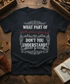 T-shirt with the quote "What Part Of Shall Not Be Infringed Don't You Understand?" in white and red typography with