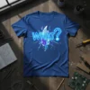 WHAT? neon graphic t-shirt with a question mark and abstract blue geometric explosion design