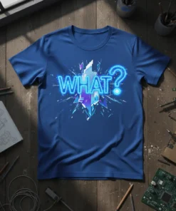 WHAT? neon graphic t-shirt with a question mark and abstract blue geometric explosion design
