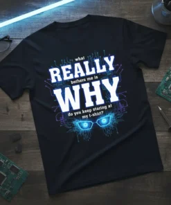 Black t-shirt with the quote "what REALLY bothers me is WHY do you keep staring at my t-shirt?" in white
