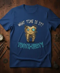 What Time Is It? Tooth-Hurty funny dentist t-shirt with a steampunk tooth graphic and glowing blue text