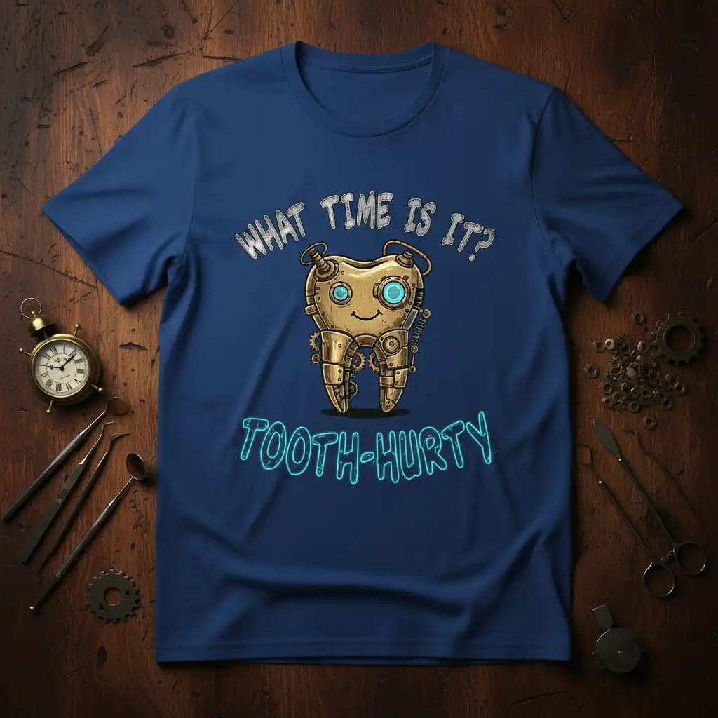 WHAT TIME IS IT? TOOTH-HURTY bold typography printed on breathable fabric creating a standout t-shirt