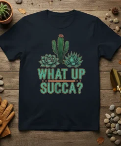 What Up Succa? t-shirt design with cactus and succulents graphic, featuring teal and coral text