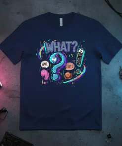 WHAT WAIT STOP IT graphic t-shirt design with cartoon question marks and speech bubbles