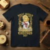 What Would Cheesus Do? funny cheese pun t-shirt with a character resembling Jesus made of cheese
