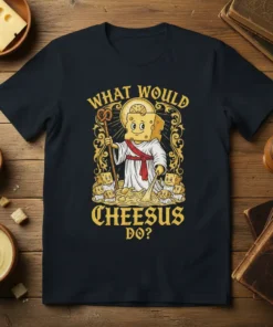 What Would Cheesus Do? funny cheese pun t-shirt with a character resembling Jesus made of cheese