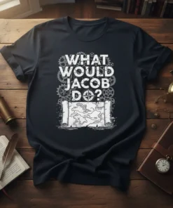 Black t-shirt with white text "What Would Jacob Do?" surrounded by gears and a vintage map, featuring a compass rose