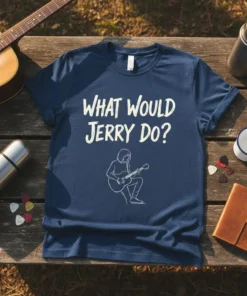 What Would Jerry Do? quote on a navy t-shirt with a line drawing of a person playing guitar