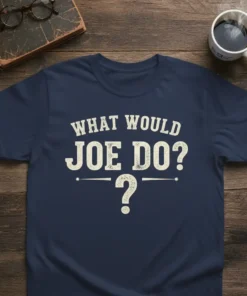 Navy t-shirt with "WHAT WOULD JOE DO?" text in distressed white font, question mark graphic below