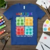 What Zone Are You In emotion chart t-shirt with Green, Yellow, Red, and Blue zones depicting happy, confused, angry, and