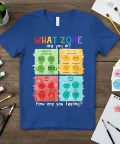 What Zone Are You In emotion chart t-shirt with Green, Yellow, Red, and Blue zones depicting happy, confused, angry, and