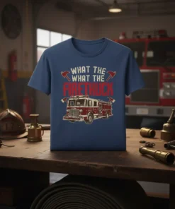 Blue t-shirt with "WHAT THE WHAT THE FIRETUCK" text and a vintage fire truck graphic with axes