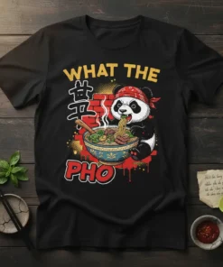 What The Pho Panda Eating Noodles creative graphic design printed on comfortable cotton t-shirt