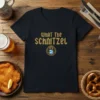 What The Schnitzel funny German food quote on a navy t-shirt with Bavarian crest graphic
