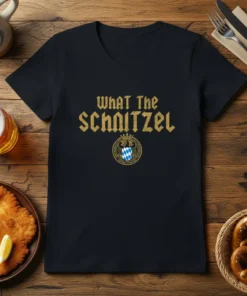 What The Schnitzel funny German food quote on a navy t-shirt with Bavarian crest graphic
