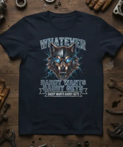 Whatever Daddy Wants Daddy Gets T-Shirt with a fierce wolf graphic and lightning accents
