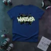 WHATEVER graffiti design on a blue t-shirt, featuring white lettering with green drips and abstract background elements
