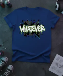 WHATEVER graffiti design on a blue t-shirt, featuring white lettering with green drips and abstract background elements