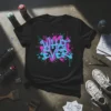 Black t-shirt with "Whatever" in pink and turquoise graffiti-style lettering, surrounded by paint splatters