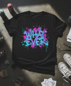 Black t-shirt with "Whatever" in pink and turquoise graffiti-style lettering, surrounded by paint splatters