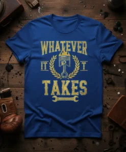Blue t-shirt with yellow distressed text "WHATEVER IT TAKES" featuring a piston graphic and laurel wreath