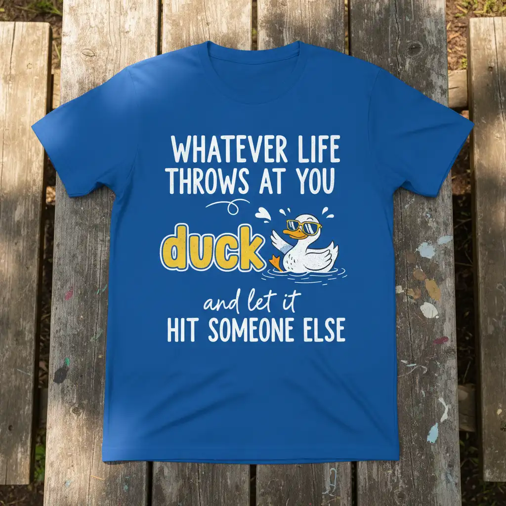 WHATEVER LIFE THROWS AT YOU duck and let it HIT SOMEONE ELSE quote with cartoon duck graphic on blue tee