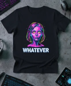 Black t-shirt with "Whatever" text in white neon outline and a stylized woman's face in pink, yellow, and blue neon