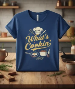 Blue t-shirt with "What's Cookin'" text in yellow, chef hat, frying pan with egg, and cooking pot graphic