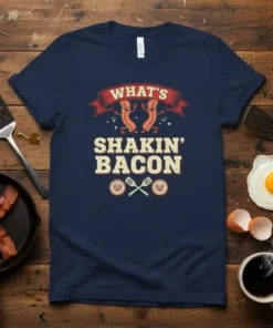 What's Shakin' Bacon text design with dancing bacon strips on a navy t-shirt