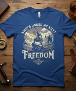 What's Under My Kilt Freedom t-shirt with Scottish warrior and castle graphic, featuring text and historical elements