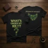 Black t-shirt with "WHAT'S UNDER MY KILT?" text and a green tartan question mark, and "HOW WARM ARE YOUR HANDS?"